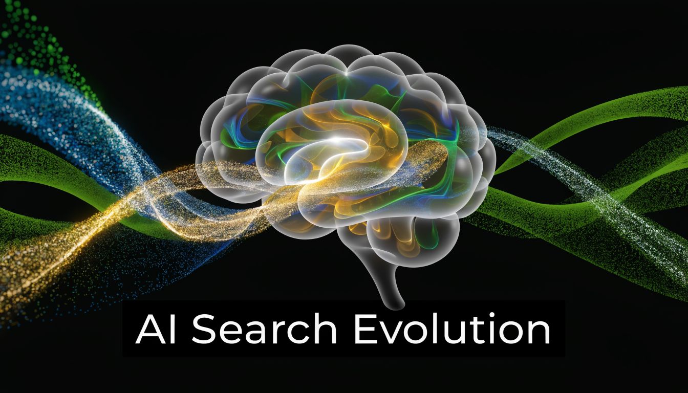 A digital representation of a human brain glowing with colorful data waves, symbolizing AI search evolution.