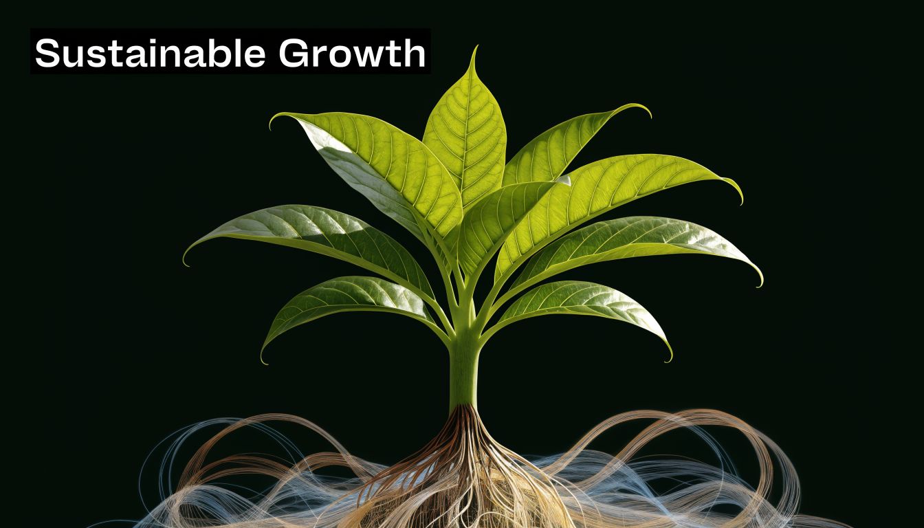 A vibrant green seedling with complex glowing root structures representing sustainable growth on a black background.
