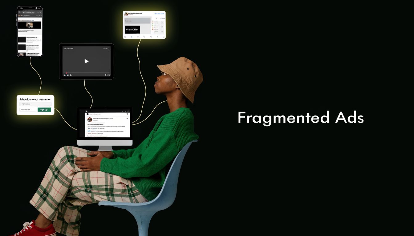A person sitting in a chair surrounded by various digital advertising elements and screens representing fragmented ads.