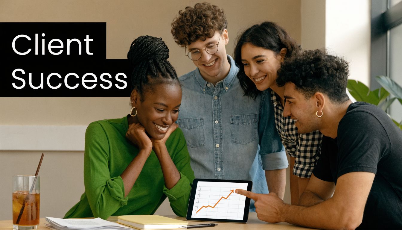 A diverse team of four colleagues smiling and looking at a rising graph on a digital tablet.