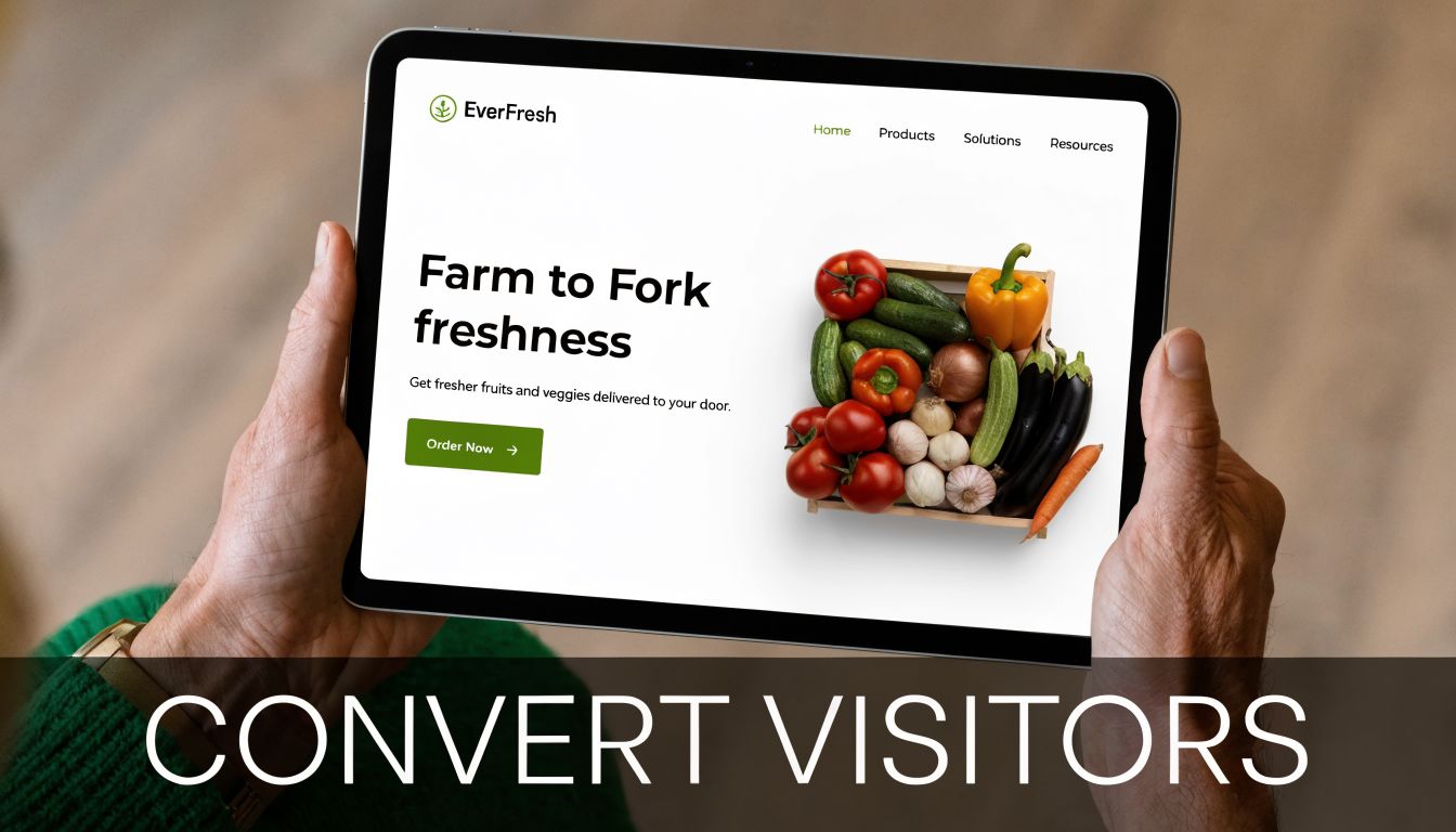 A person holding a tablet displaying a fresh produce delivery website with a clean interface design.