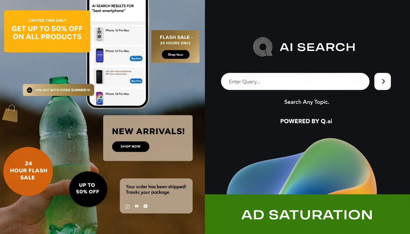 A marketing graphic displaying various promotional sales ads, AI search interface, and digital shopping banners.