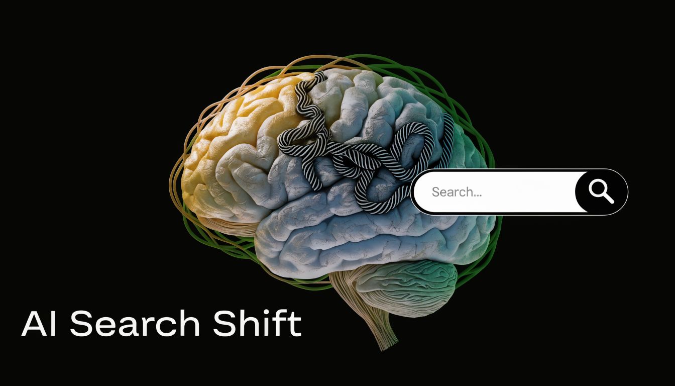 A conceptual 3D illustration of a human brain integrated with a digital search bar on a dark background.