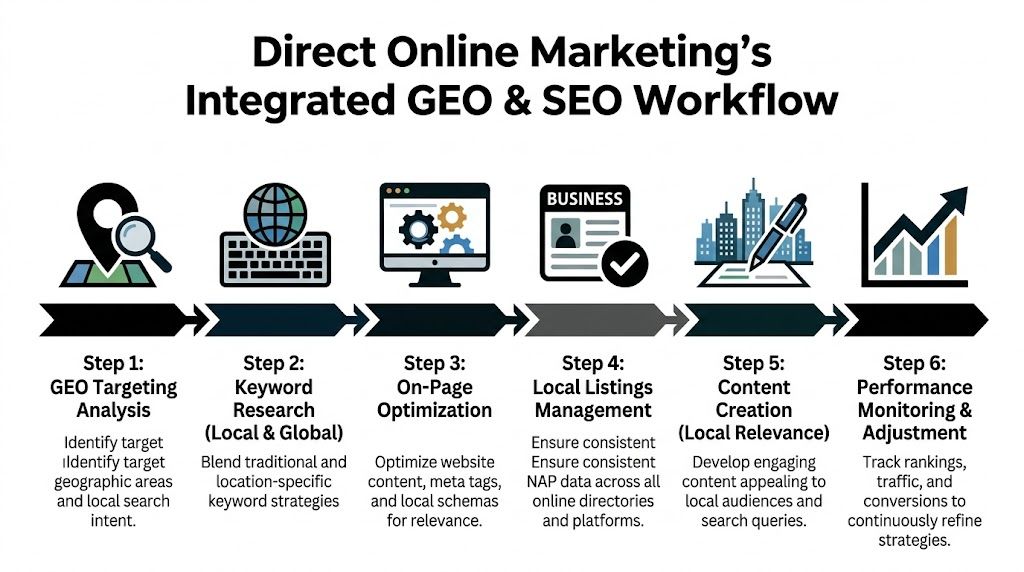 A six-step infographic illustrating the integrated GEO and SEO marketing workflow process from analysis to monitoring.