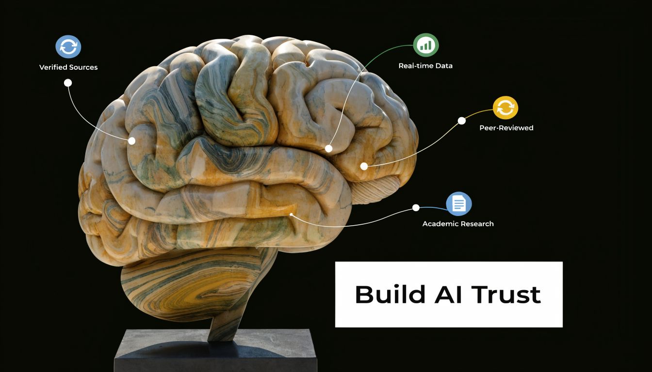 A marble brain sculpture with labeled icons highlighting pillars of AI trust, including real-time data and academic research.