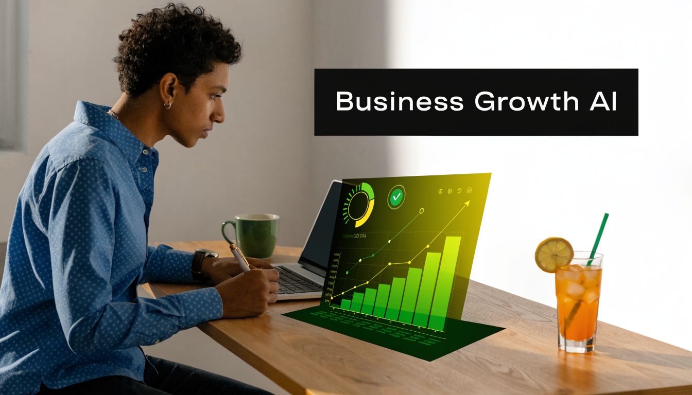 A person sitting at a desk with a laptop analyzing holographic business growth charts and data trends.