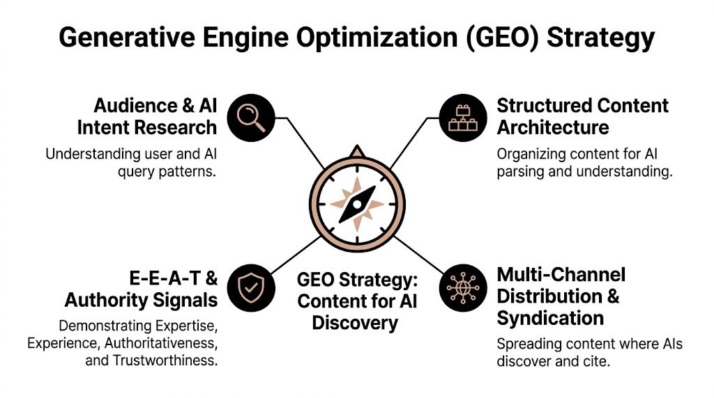 A diagram outlining the four key components of a Generative Engine Optimization strategy for AI content discovery.