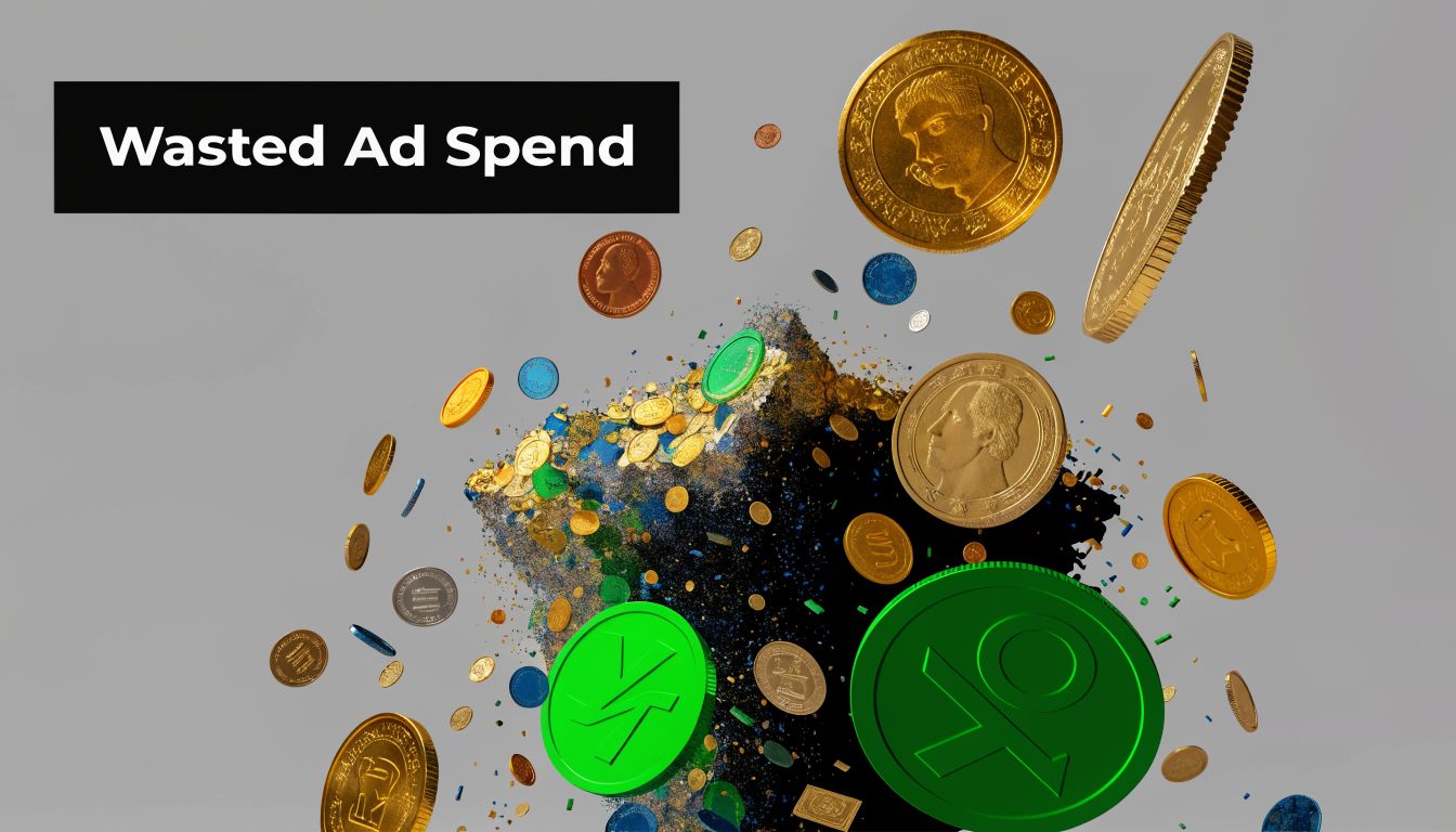 Floating gold and green coins scatter around a dark, crumbling structure against a gray background.