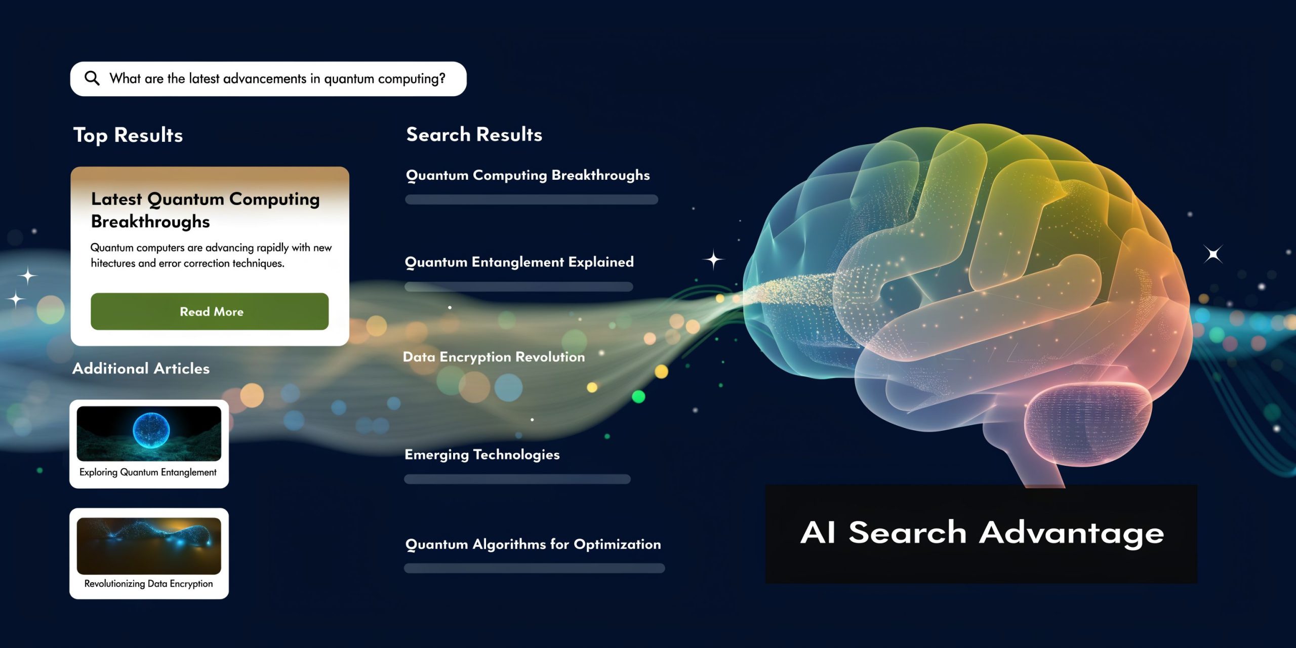 A digital interface showcasing AI-powered search results for quantum computing advancements with a futuristic brain visualization.