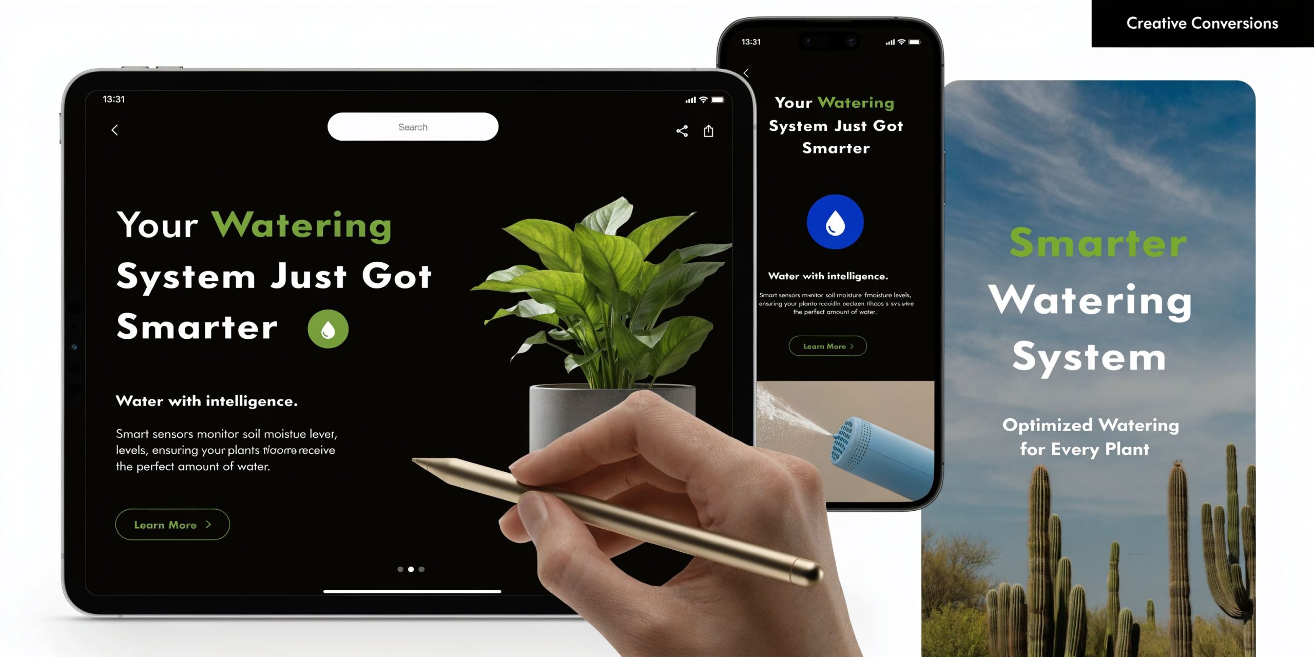 A digital display showing a smart watering system advertisement across a tablet, smartphone, and vertical banner.
