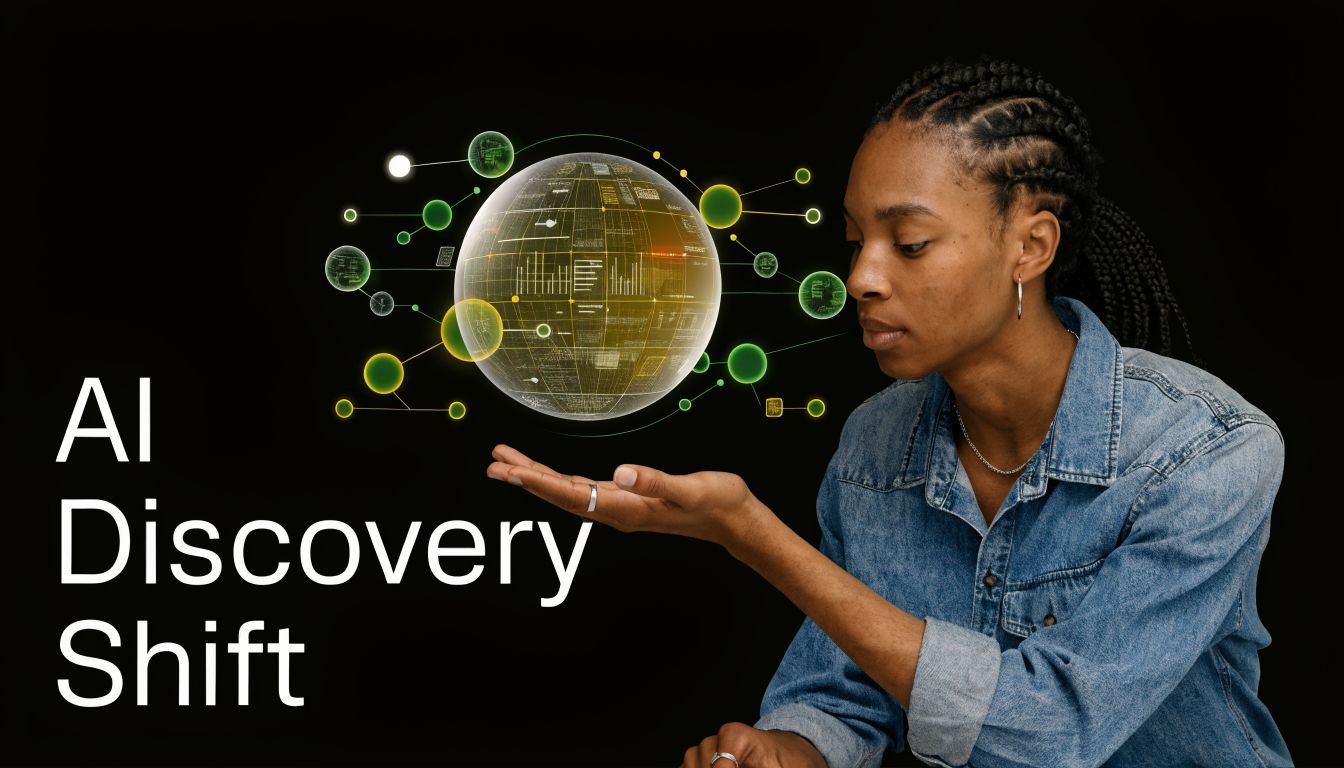 A woman interacting with a digital globe interface displaying data points representing AI-driven discovery and innovation.
