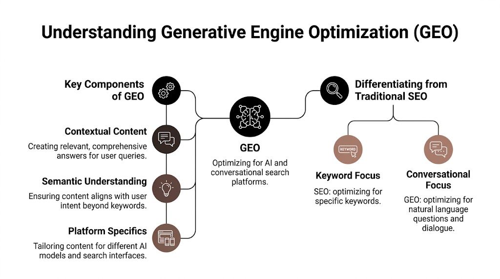 A diagram explaining Generative Engine Optimization, showcasing key components and differences from traditional SEO strategies.