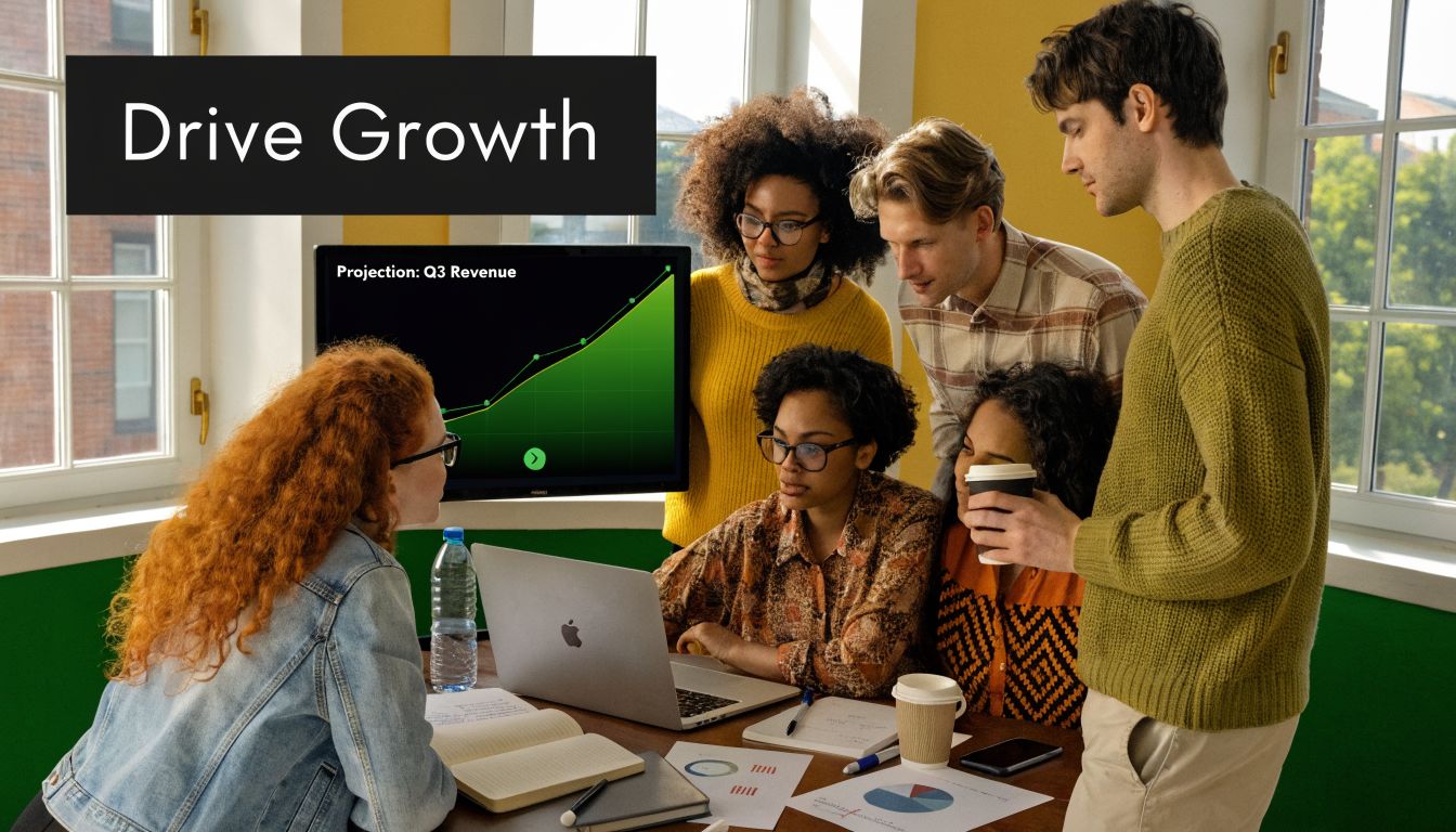A diverse group of colleagues collaborating on a business project around a laptop in an office.