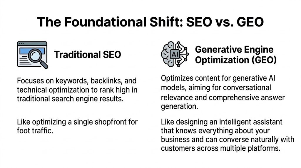 A comparison chart showing the differences between traditional SEO and Generative Engine Optimization for modern business strategies.
