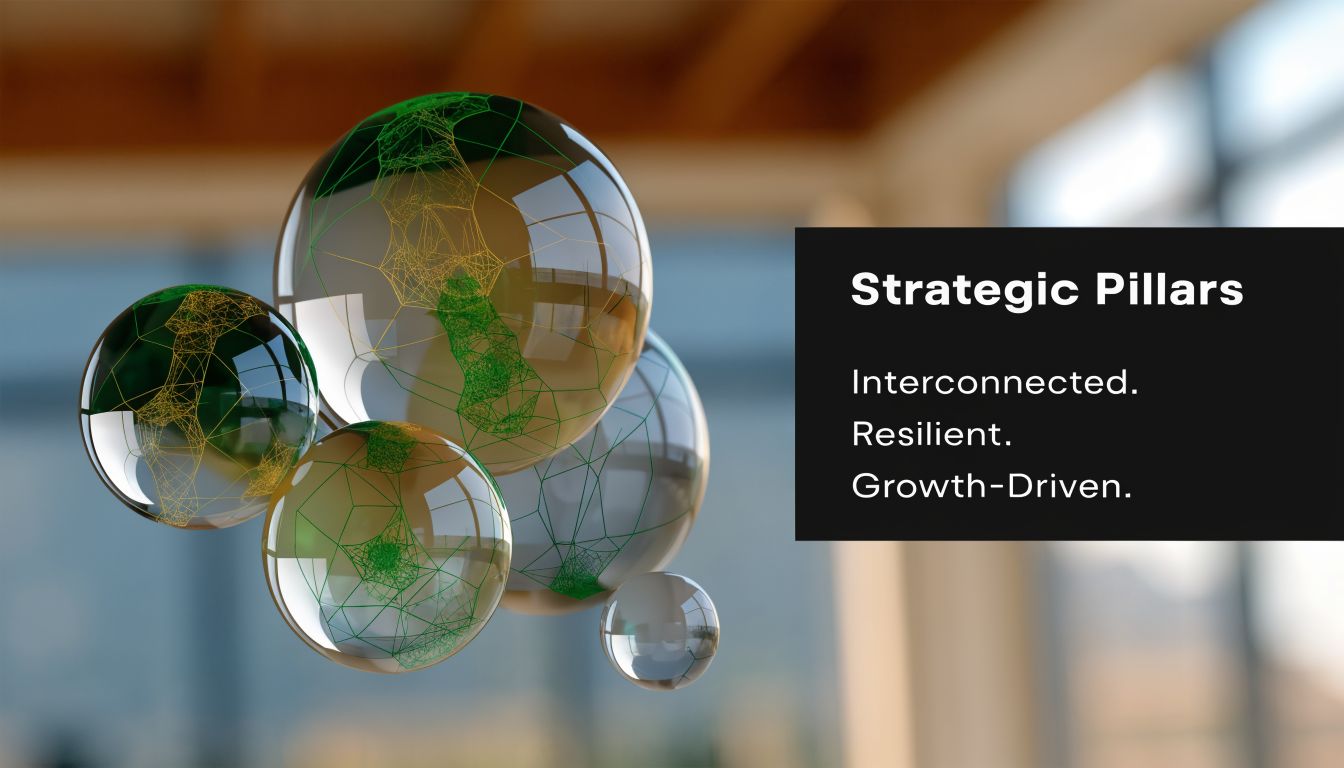 A graphic featuring translucent spheres with wireframe networks, representing strategic pillars for business growth and connectivity.
