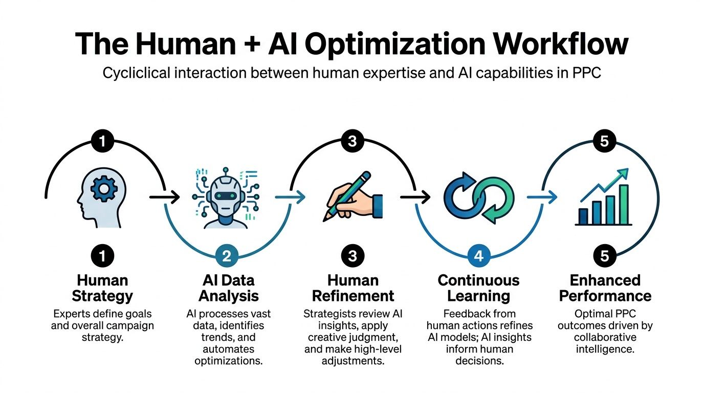 A diagram illustrating a five-step cyclical workflow between human expertise and AI optimization for PPC strategies.