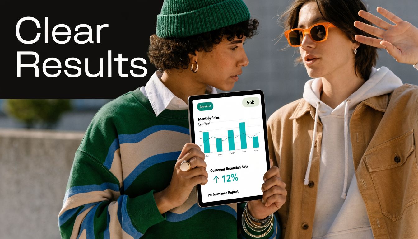 Two people reviewing business data and analytics on a digital tablet screen in an outdoor setting.
