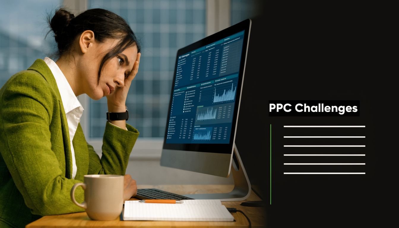 A stressed woman working on PPC data analysis at her computer with a coffee mug nearby.
