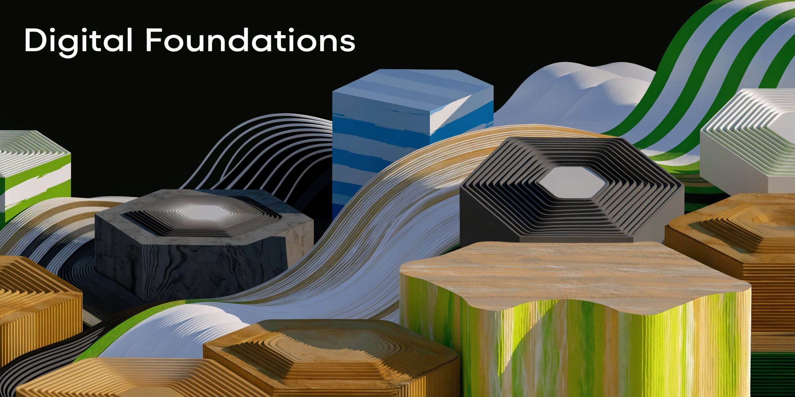 A 3D abstract graphic featuring layered geometric hexagonal pillars and flowing wave patterns against a black background.