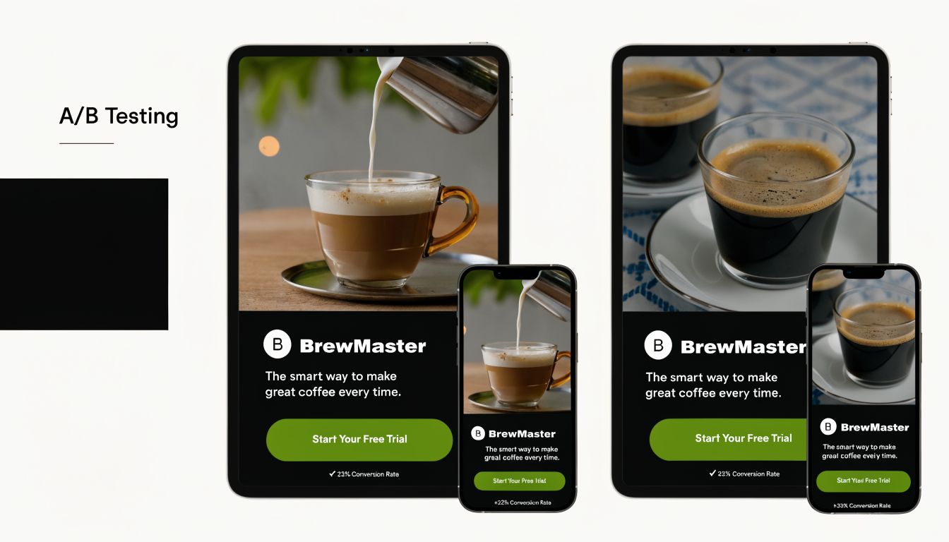 A visual comparison of two different landing page designs for BrewMaster coffee shown on tablet and phone screens.