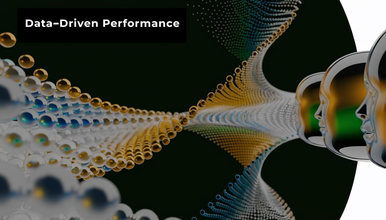 Abstract representation of data-driven performance with metallic human heads and flowing digital particle streams.
