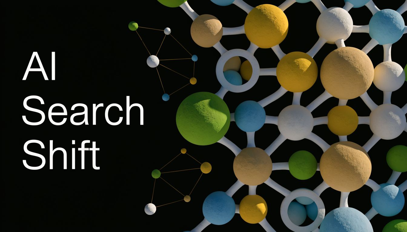 A digital graphic illustration featuring the text AI Search Shift next to a complex network of spheres.