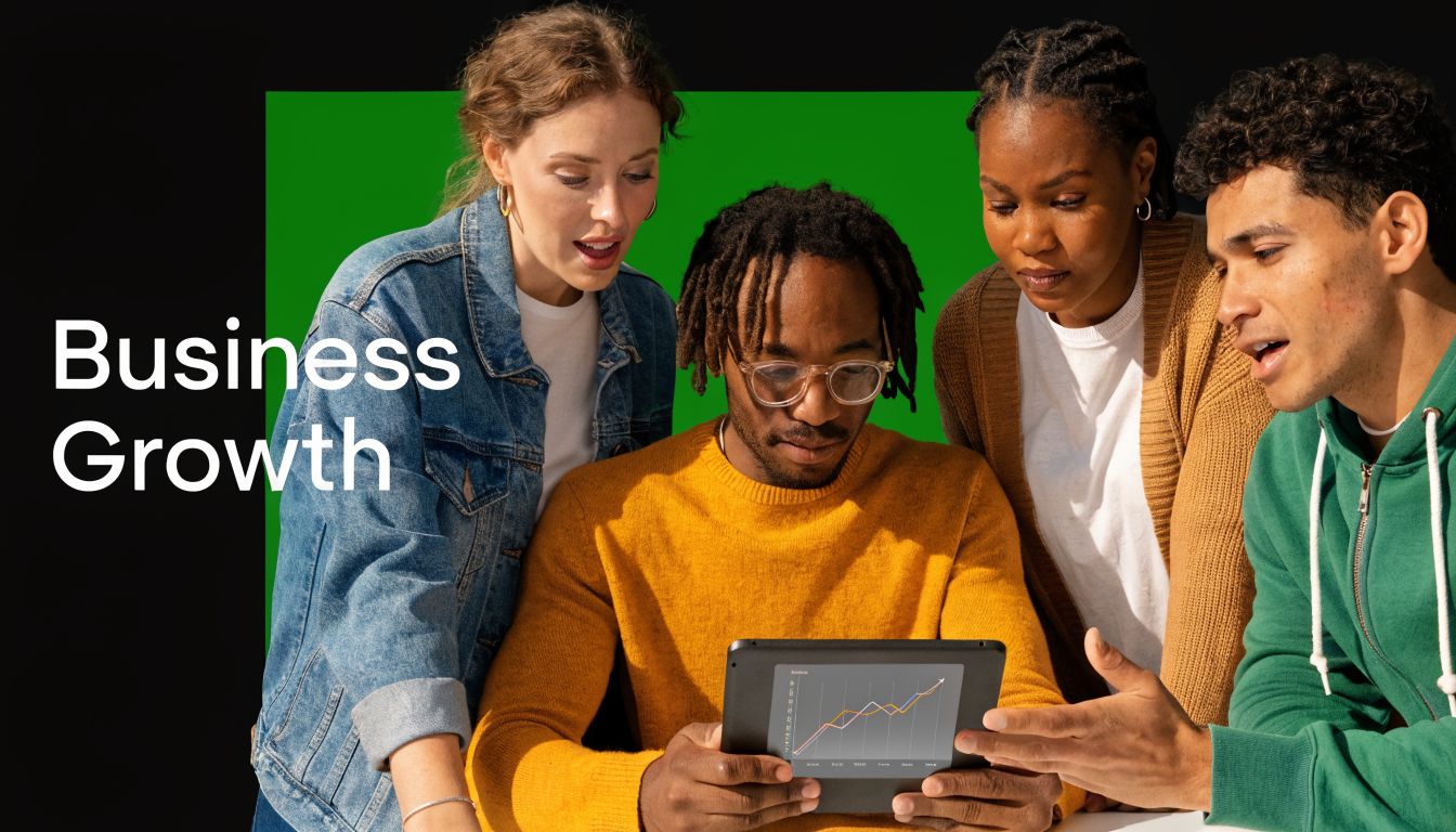 A diverse team of four colleagues collaborating on business growth strategies while reviewing data on a tablet.