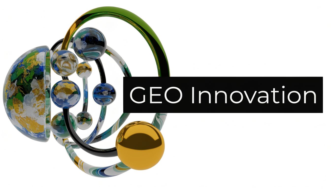 A 3D graphic showing a globe and orbiting spheres, labeled with the text GEO Innovation on black.