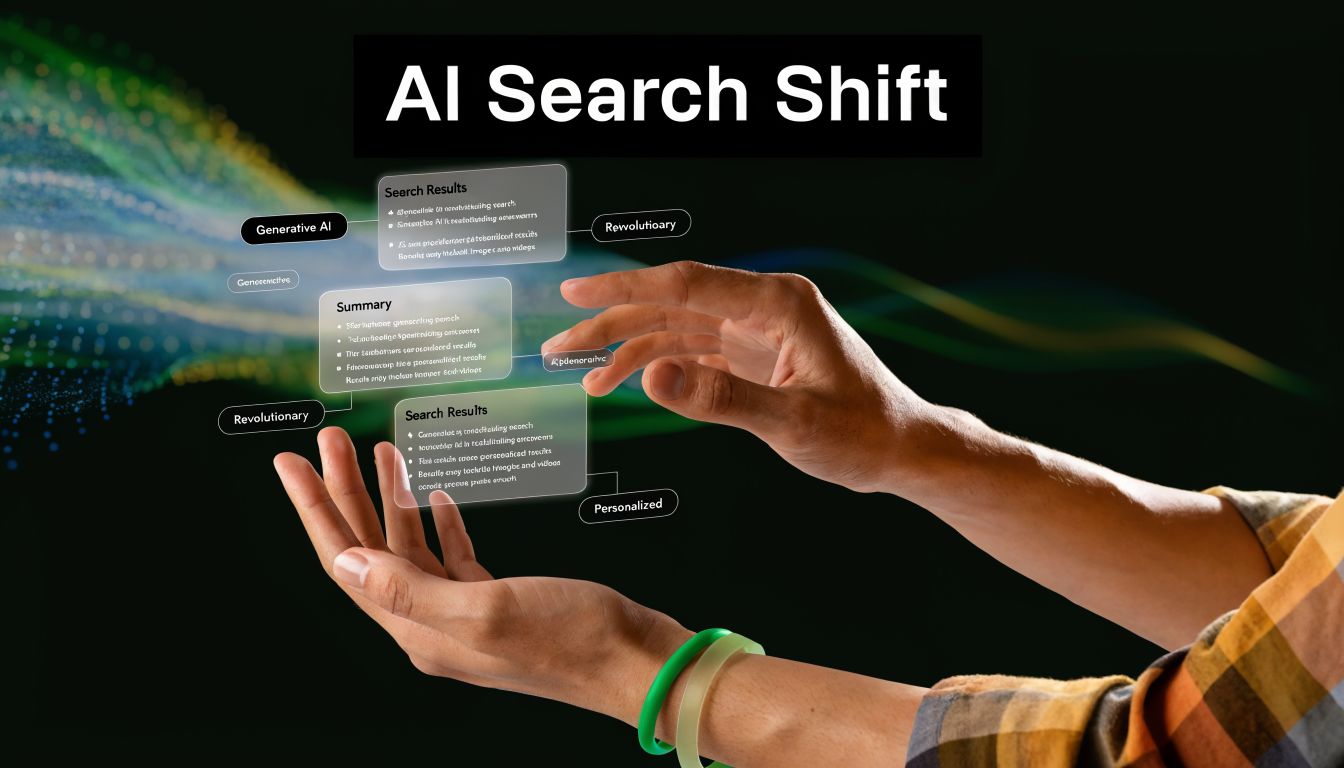 A person interacting with digital holographic interfaces illustrating the shift in AI-driven search and content generation.