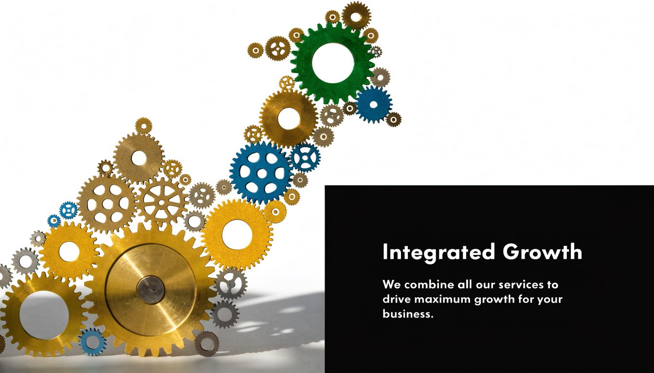A collection of interconnected gold and blue gears arranged to form an upward trending growth arrow shape.