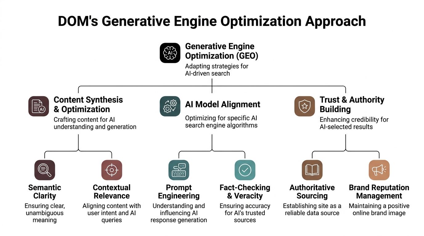 A flow chart outlining DOM's Generative Engine Optimization strategy including content, AI alignment, and brand authority.