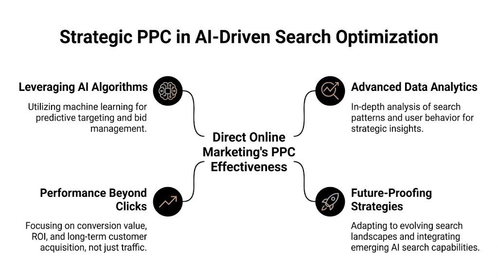 A diagram outlining the benefits of Direct Online Marketing's PPC effectiveness using AI, data analytics, and strategic planning.