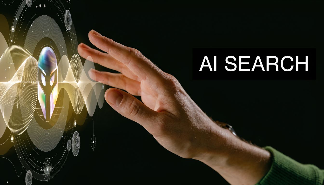 A hand reaching towards a glowing digital interface featuring a futuristic helmet and artificial intelligence elements.