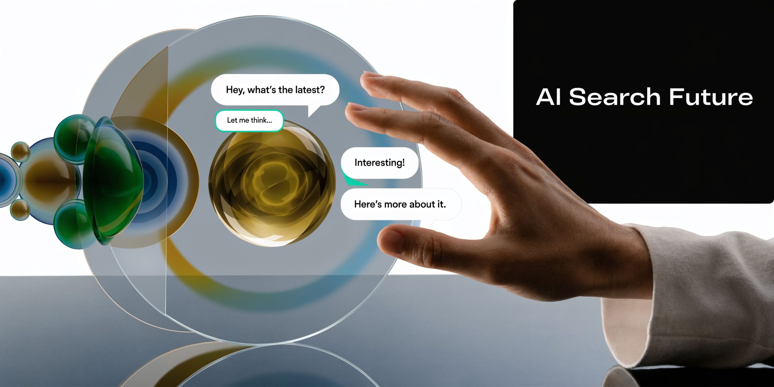A conceptual illustration of a human hand interacting with an abstract digital interface representing AI search technology.