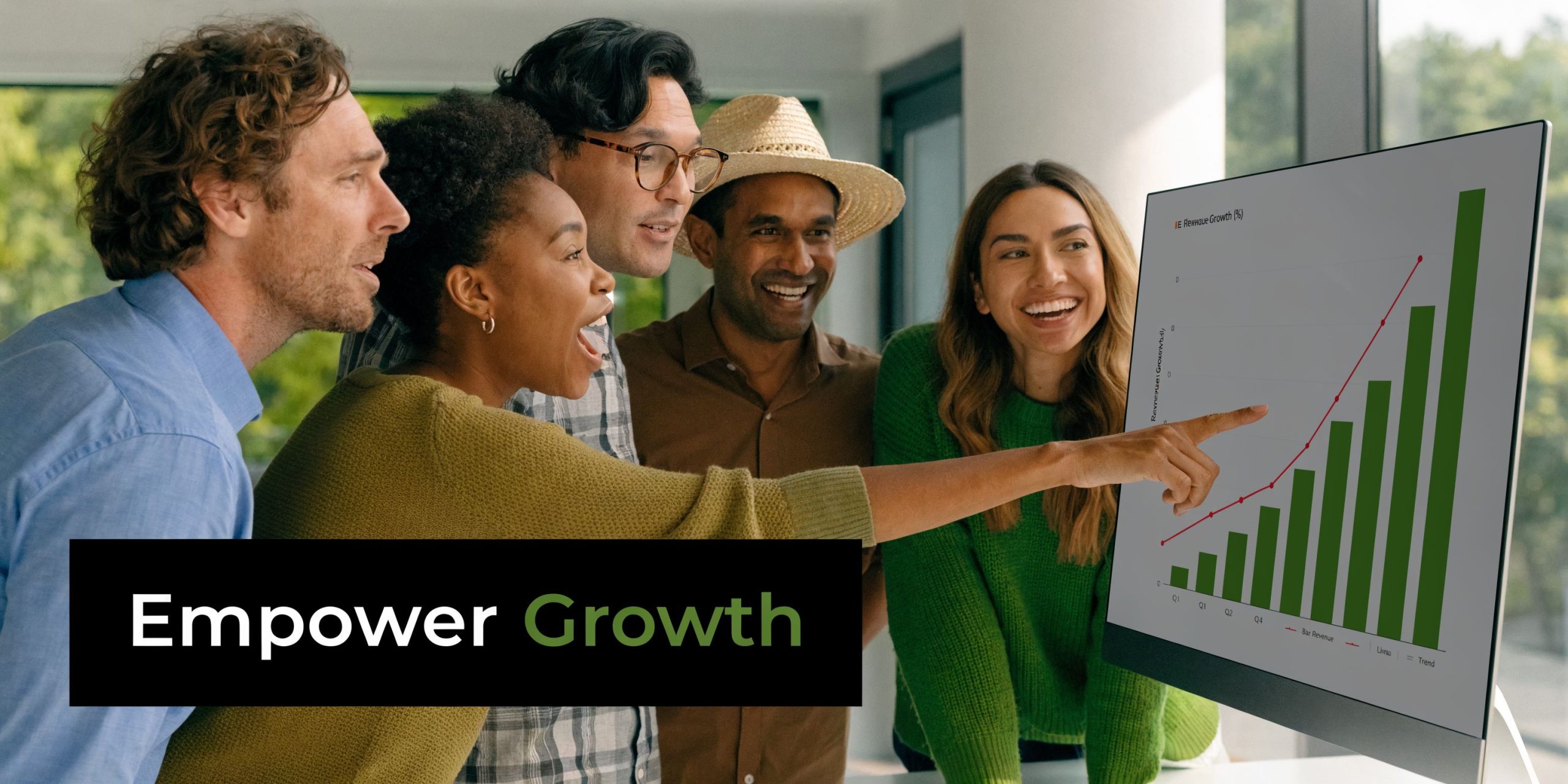 A diverse team of professionals looking at a rising growth chart on a computer screen together.
