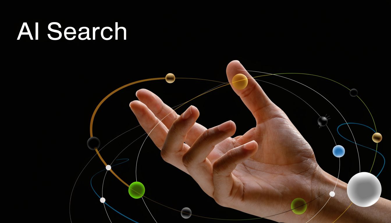 A hand reaching out towards floating spheres connected by glowing lines representing digital search and connectivity.