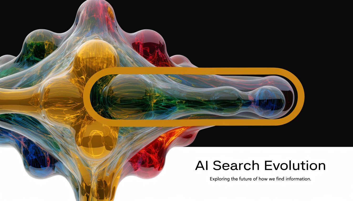 A 3D abstract artistic representation of AI search evolution featuring vibrant glowing fluid shapes.