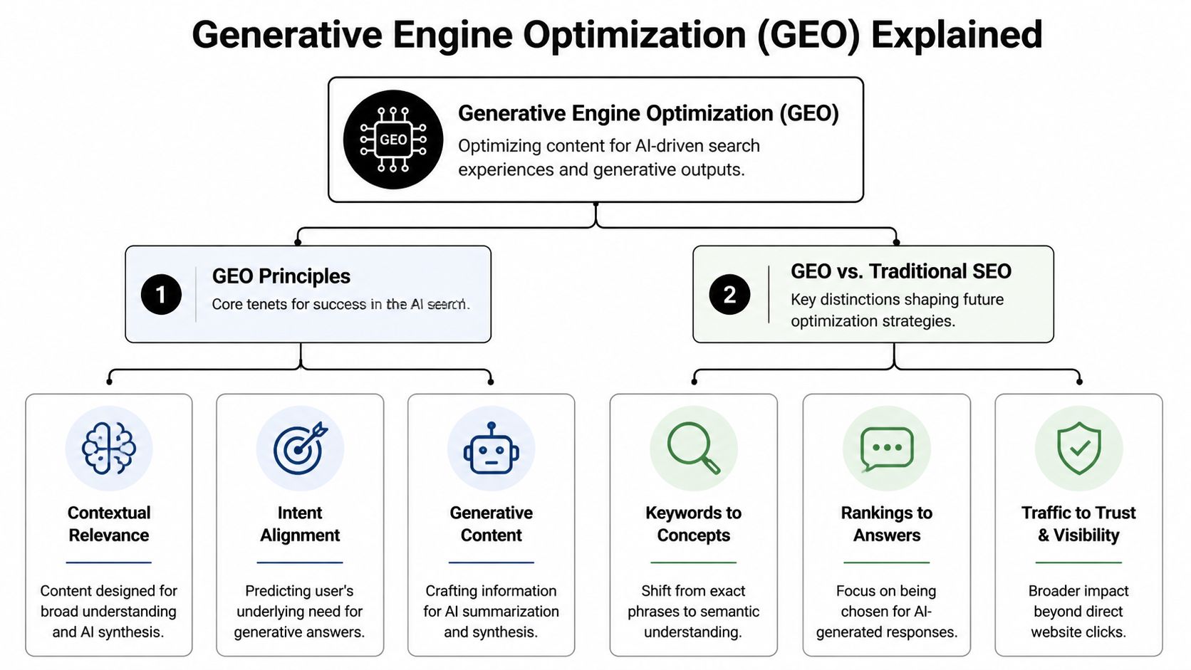 A flowchart explaining Generative Engine Optimization by detailing core principles and comparing them to traditional SEO.