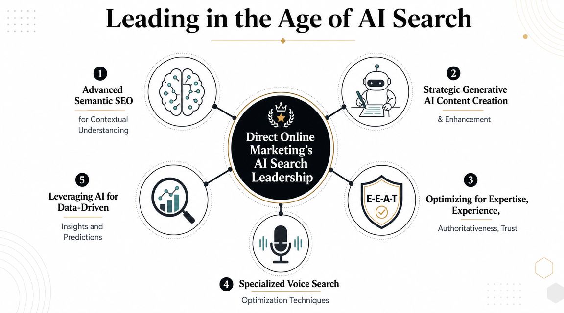 A diagram illustrating Direct Online Marketing's leadership in AI search through five strategic digital marketing pillars.