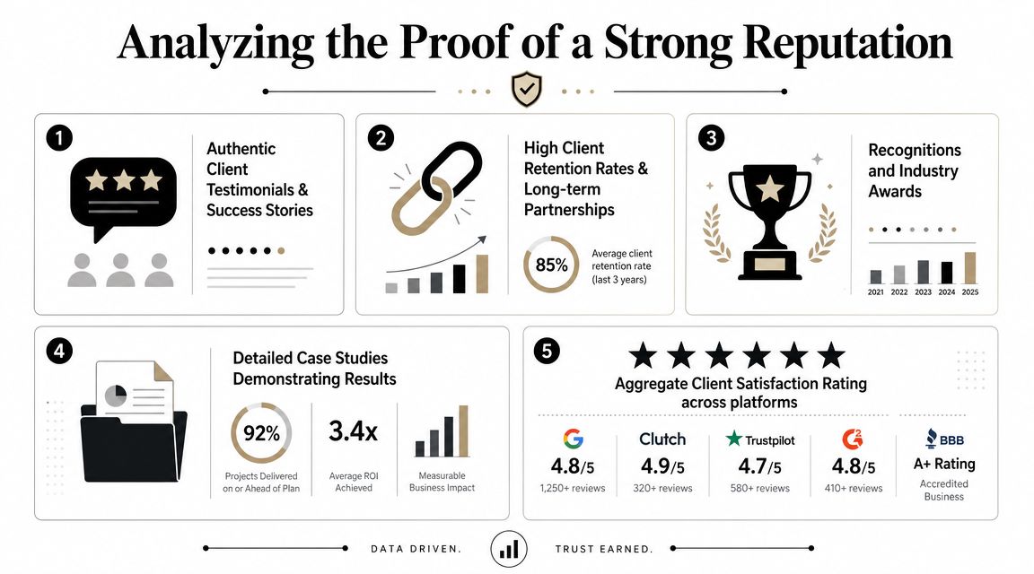 An infographic titled Analyzing the Proof of a Strong Reputation highlighting five key indicators of brand success.