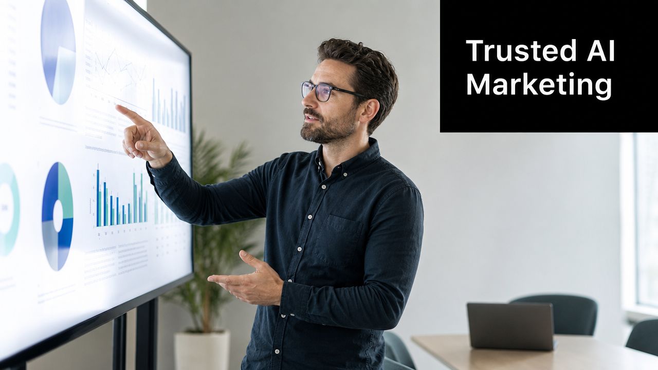 A professional man with glasses pointing at business charts on a large screen in an office.