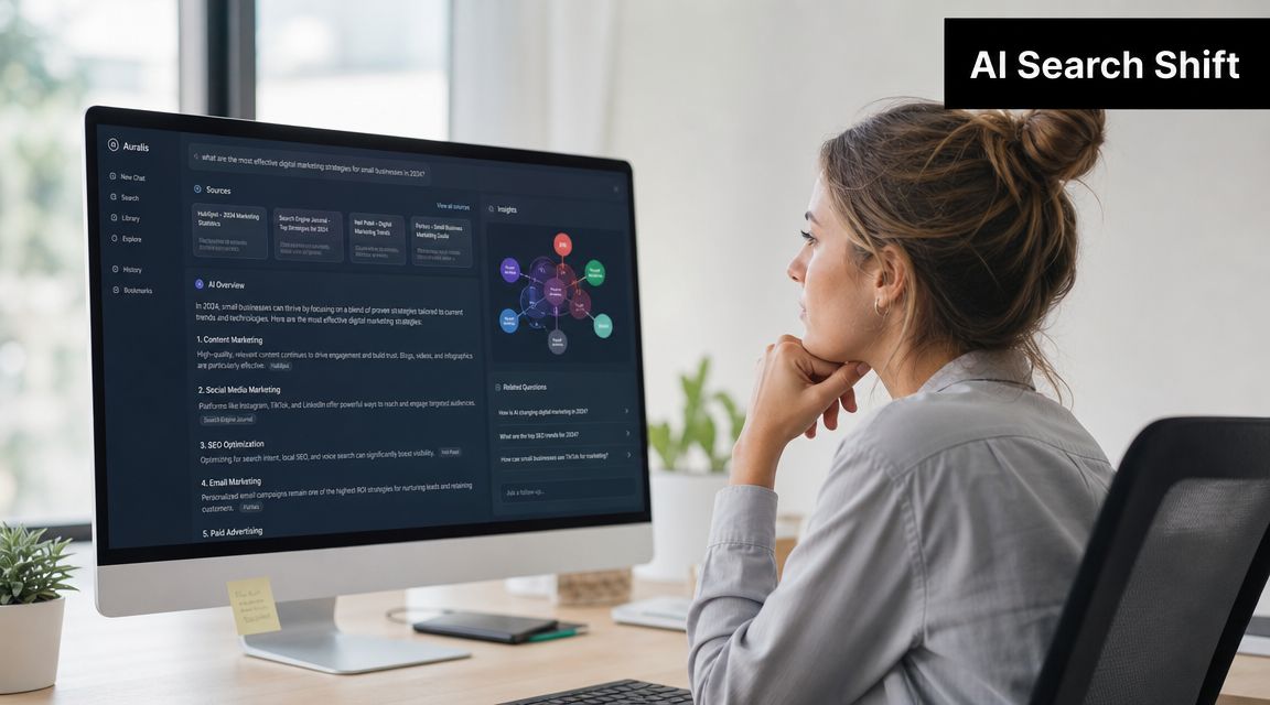 A professional woman looking at an AI search platform on a computer screen in a bright office.