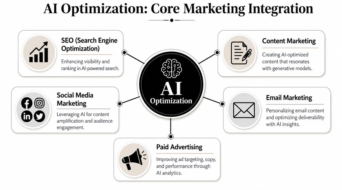 A diagram illustrating how AI optimization integrates into core marketing strategies like SEO, social media, and advertising.