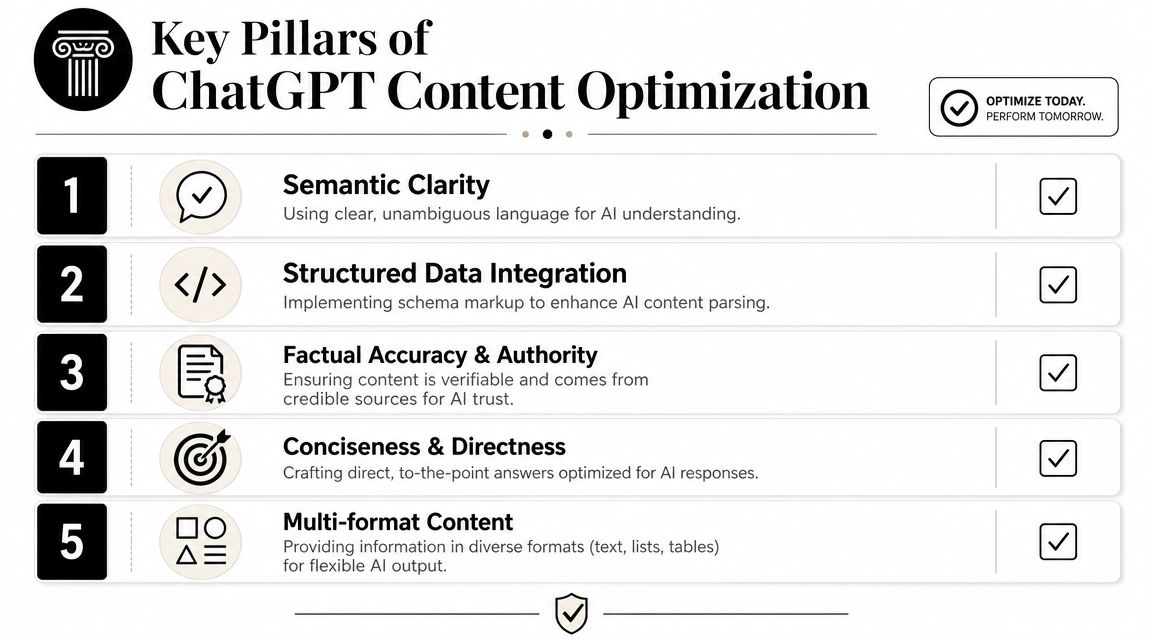 A five-point infographic detailing the key pillars of ChatGPT content optimization, including semantic clarity and structured data.