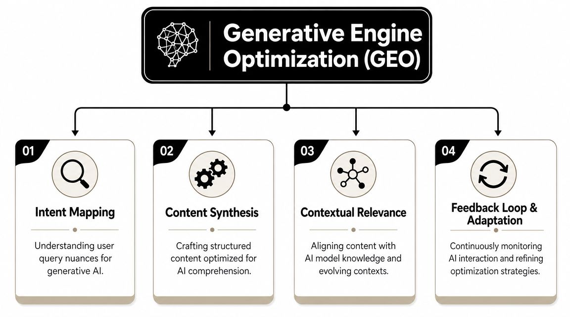 A diagram illustrating the four key pillars of Generative Engine Optimization for AI search strategies.
