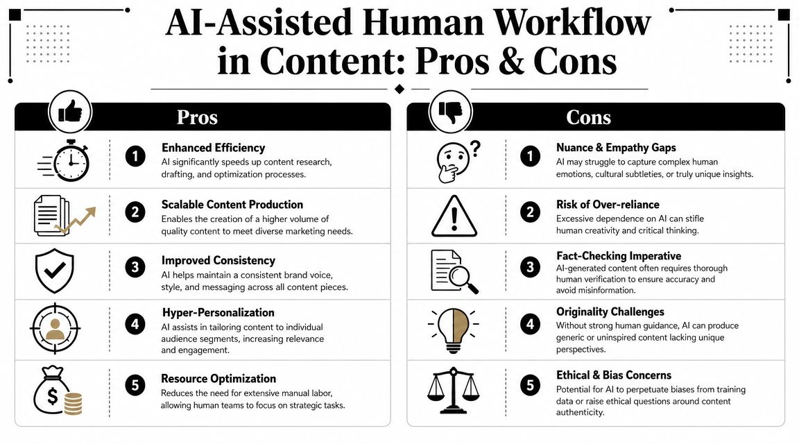 A table comparing the advantages and disadvantages of using AI-assisted human workflows for content creation processes.