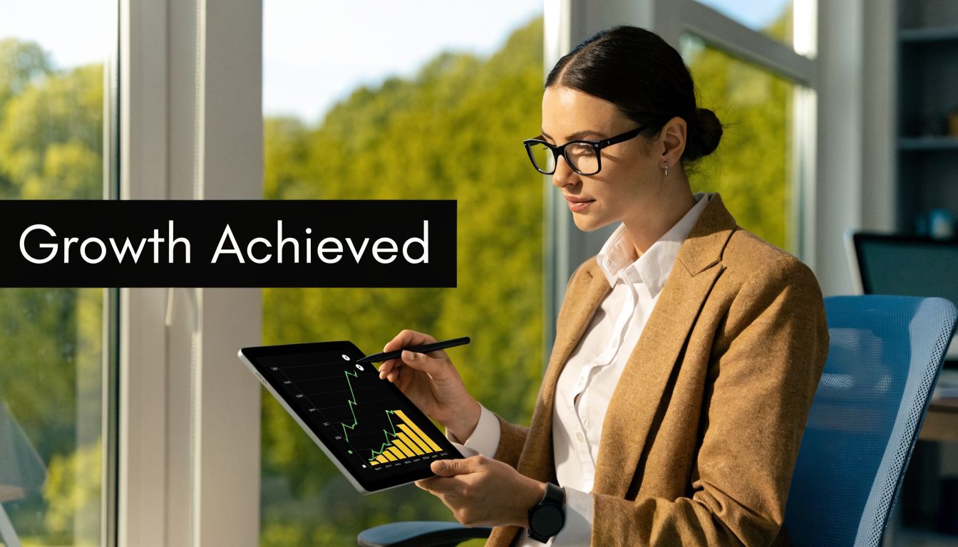 A professional woman in a brown blazer analyzing growth charts on a tablet in an office.