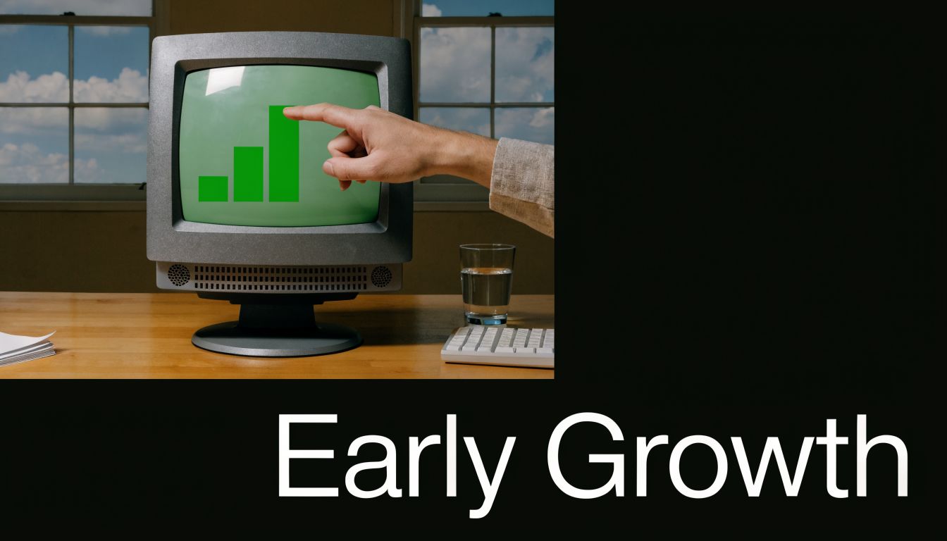 A hand pointing at a green bar graph on an old computer monitor showing early business growth.