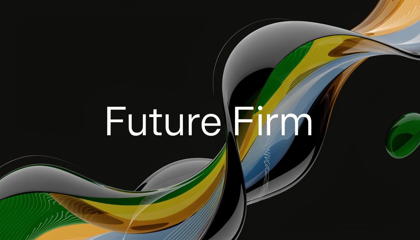 A modern, abstract digital background with flowing curves, vibrant colors, and the text Future Firm centered.