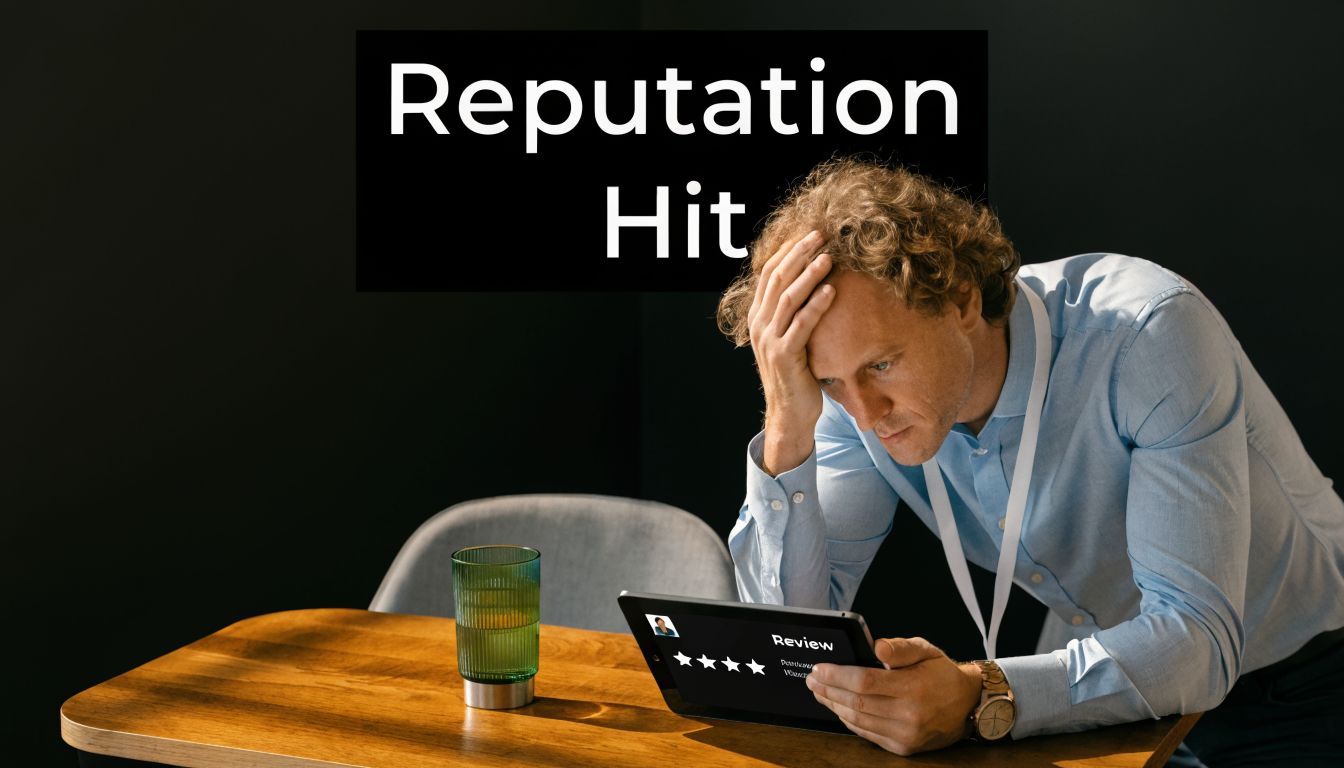 A concerned professional looking at a negative online review on a digital tablet at his desk.